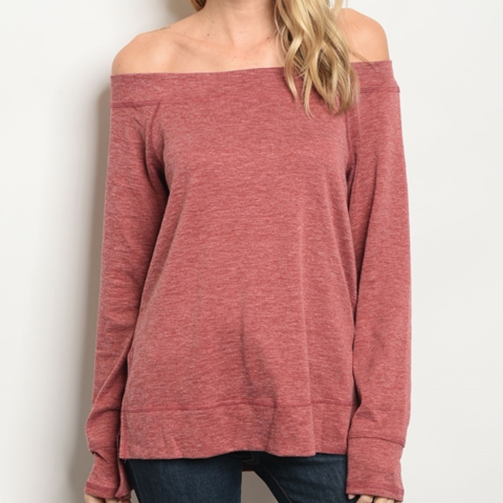 WINE OFF SHOULDER TUNIC KNIT TOP - Picture 2 of 5